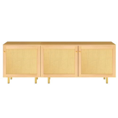 Buffet Bas De Rangement 180x40x63 Cm, 3 Portes, Mdf, Finition Bois Naturel, Pieds Métal Doré