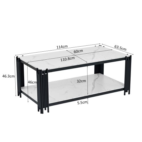Table Basse Rectangulaire 114x63.5x46.3 Cm, 2 Étagères Rangement, Mdf Métal, Blanc+noir