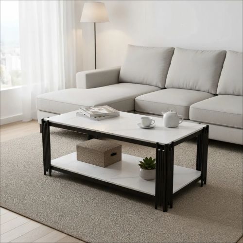Table Basse Rectangulaire 114x63.5x46.3 Cm, 2 Étagères Rangement, Mdf Métal, Blanc+noir