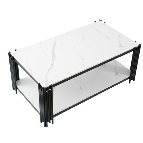 Table Basse Rectangulaire 114x63.5x46.3 Cm, 2 Étagères Rangement, Mdf Métal, Blanc+noir