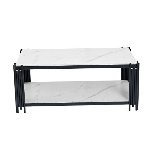 Table Basse Rectangulaire 114x63.5x46.3 Cm, 2 Étagères Rangement, Mdf Métal, Blanc+noir