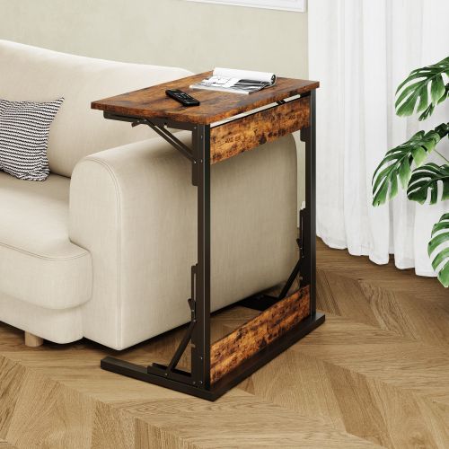 Lot De 2 Table D’appoint En C 60x37x71 Cm, Pliable Empilable, Mdf Et Métal, Brun+noir