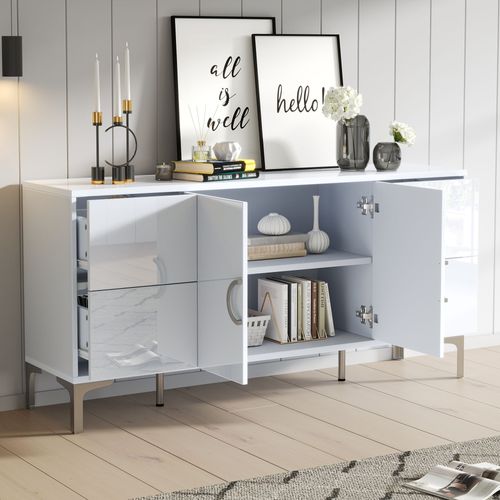 Buffet Bas 150x38x59,5 Cm, 4 Tiroirs Sans Poignée, 2 Portes, Mdf, Blanc Brillant