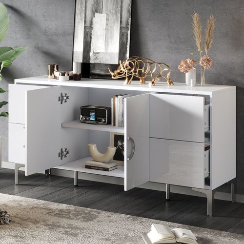 Buffet Bas 150x38x59,5 Cm, 4 Tiroirs Sans Poignée, 2 Portes, Mdf, Blanc Brillant