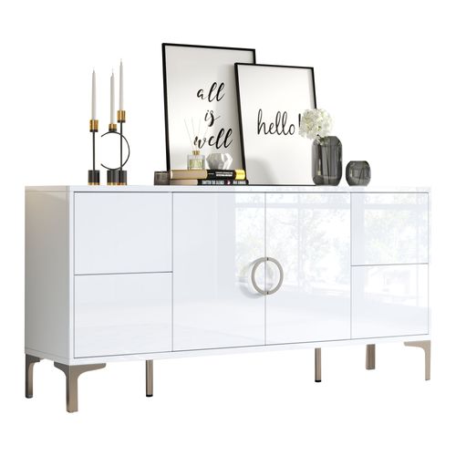 Buffet Bas 150x38x59,5 Cm, 4 Tiroirs Sans Poignée, 2 Portes, Mdf, Blanc Brillant