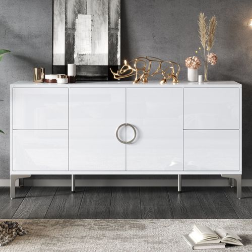 Buffet Bas 150x38x59,5 Cm, 4 Tiroirs Sans Poignée, 2 Portes, Mdf, Blanc Brillant