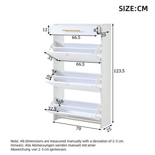 Meuble à Chaussures 70x25x123,5 Cm, 3 Portes à Bascule, 1 Tiroir, Mdf, Blanc