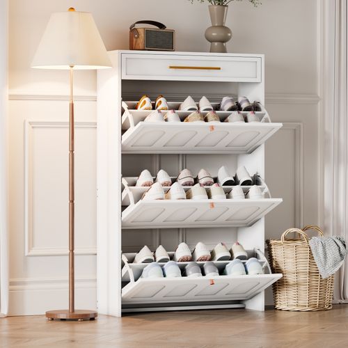 Meuble à Chaussures 70x25x123,5 Cm, 3 Portes à Bascule, 1 Tiroir, Mdf, Blanc