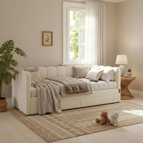 Lit Gigogne 90x190 Cm, Extensible 180x190 Cm, 2 Tiroirs De Rangement, Tissu Lin, Beige