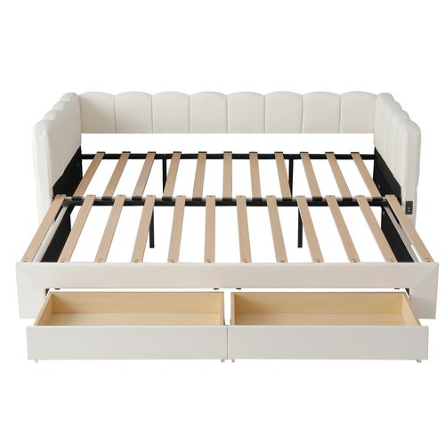 Lit Gigogne 90x190 Cm, Extensible 180x190 Cm, 2 Tiroirs De Rangement, Tissu Lin, Beige