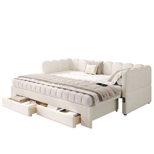 Lit Gigogne 90x200 Cm, Extensible 180x200 Avec 2 Tiroirs Et USB, Tissu En Lin, Couleur Beige