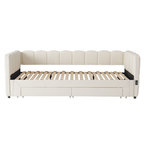 Lit Gigogne 90x200 Cm, Extensible 180x200 Avec 2 Tiroirs Et USB, Tissu En Lin, Couleur Beige