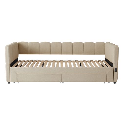 Lit Gigogne 90x190 Cm, Extensible 180x190, 2 Tiroirs De Rangement, Chenille, Couleur Beige