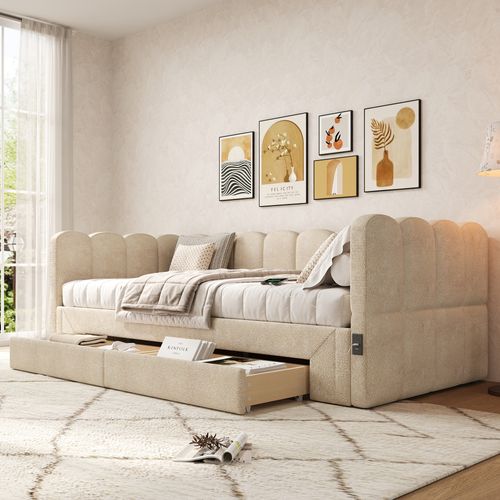 Lit Gigogne 90x200 Cm, Extensible 180x200 Cm Avec USB Et 2 Tiroirs, Chenille, Couleur Beige