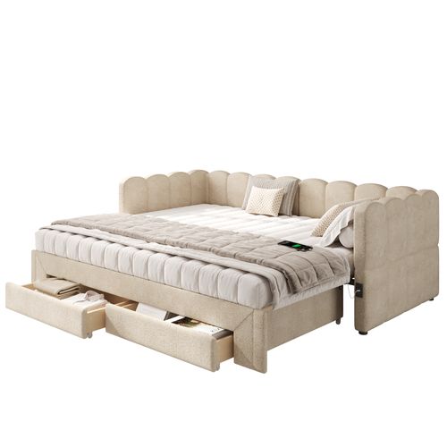 Lit Gigogne 90x200 Cm, Extensible 180x200 Cm Avec USB Et 2 Tiroirs, Chenille, Couleur Beige