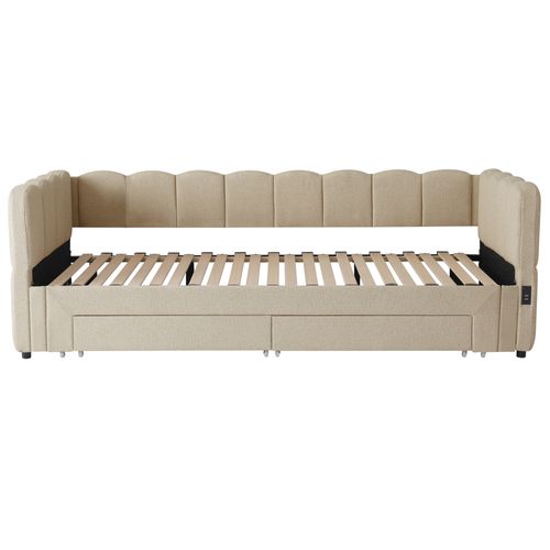 Lit Gigogne 90x200 Cm, Extensible 180x200 Cm Avec USB Et 2 Tiroirs, Chenille, Couleur Beige