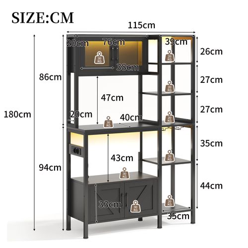Buffet De Cuisine 115x40x180 Cm, Prises Et LED, Rangement, 4 Portes, Mdf Acier, Couleur Noir