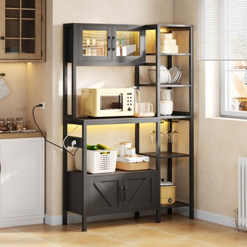 Buffet De Cuisine 115x40x180 Cm, Prises Et LED, Rangement, 4 Portes, Mdf Acier, Couleur Noir