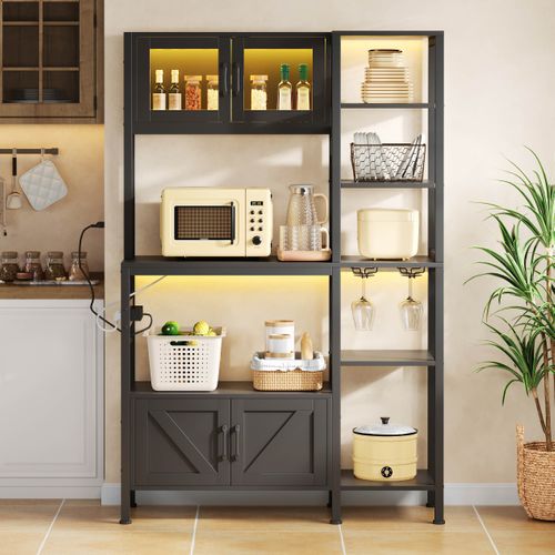 Buffet De Cuisine 115x40x180 Cm, Prises Et LED, Rangement, 4 Portes, Mdf Acier, Couleur Noir