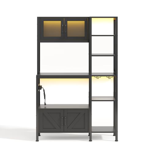 Buffet De Cuisine 115x40x180 Cm, Prises Et LED, Rangement, 4 Portes, Mdf Acier, Couleur Noir