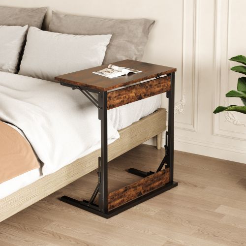 Bout De Canapé En C 60x37x71 Cm, Pliable Et Empilable, Métal Et Mdf, Brun Rustique