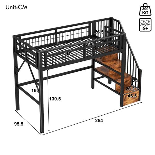 Lit Mezzanine 90x200 Cm, Escalier De Rangement Avec LED, Métal Et Mdf, Couleur Noir Pour Enfant
