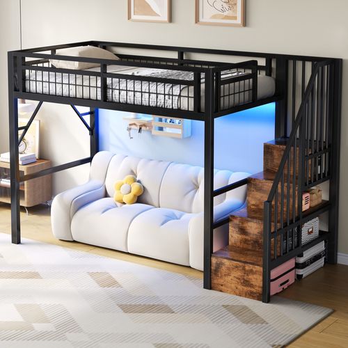 Lit Mezzanine 90x200 Cm, Escalier De Rangement Avec LED, Métal Et Mdf, Couleur Noir Pour Enfant