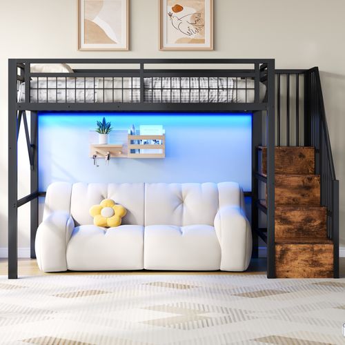 Lit Mezzanine 90x200 Cm, Escalier De Rangement Avec LED, Métal Et Mdf, Couleur Noir Pour Enfant