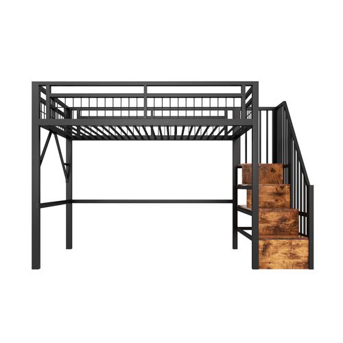 Lit Mezzanine 90x200 Cm, Escalier De Rangement Avec LED, Métal Et Mdf, Couleur Noir Pour Enfant