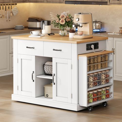 Îlot De Cuisine 235x 60 X 93 Cm, Table Extensible, 2 Portes Et 2 Tiroirs, Mdf, Couleur Blanc+bois