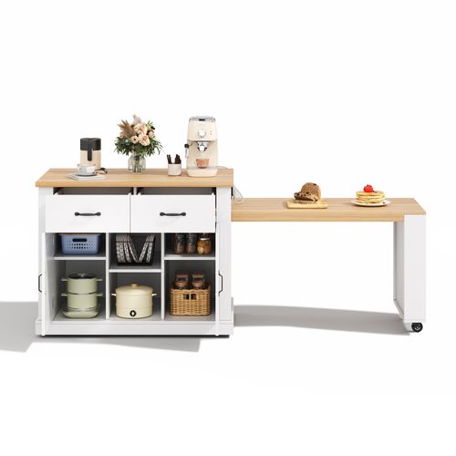 Îlot De Cuisine 235x 60 X 93 Cm, Table Extensible, 2 Portes Et 2 Tiroirs, Mdf, Couleur Blanc+bois