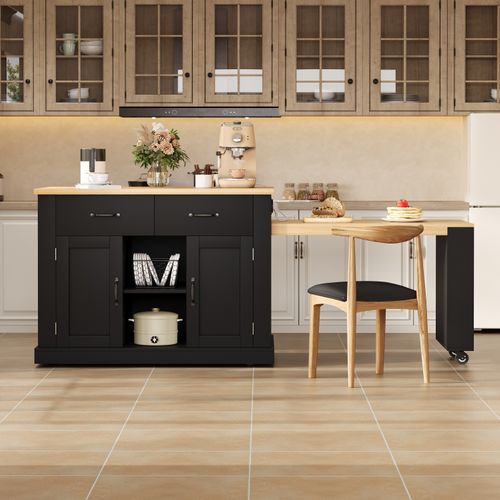 Îlot De Cuisine 235x 60 X 93 Cm, Table Extensible, 2 Tiroir, 2 Portes, Mdf, Noir+bois