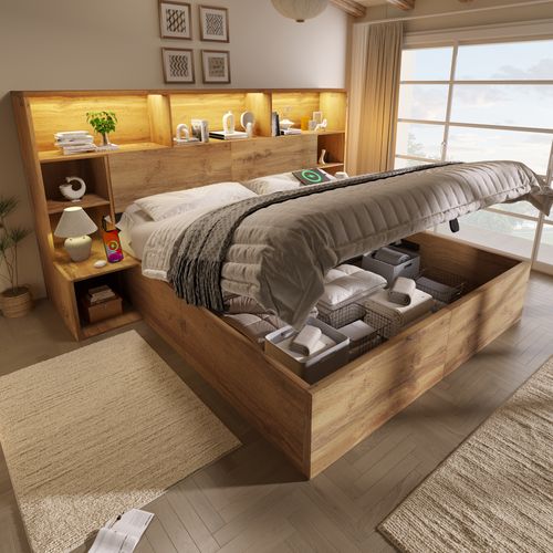 Lit Coffre 160x200 Cm, LED Et USB, Bois, Tête De Lit Avec Rangements, 2 Chevets, Couleur Bois