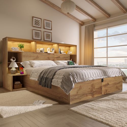 Lit Coffre 160x200 Cm, LED Et USB, Bois, Tête De Lit Avec Rangements, 2 Chevets, Couleur Bois