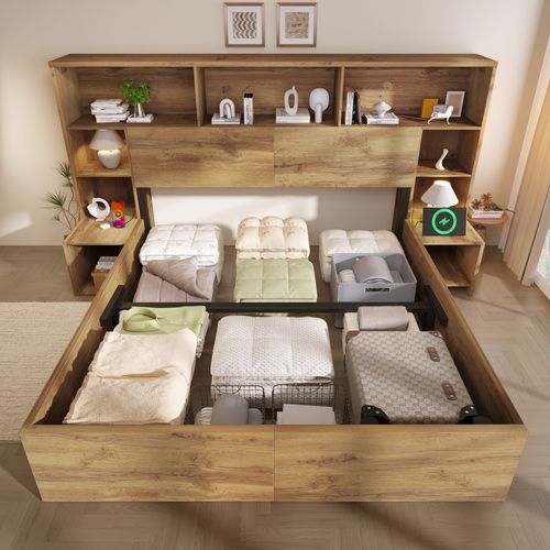 Lit Coffre 160x200 Cm, LED Et USB, Bois, Tête De Lit Avec Rangements, 2 Chevets, Couleur Bois