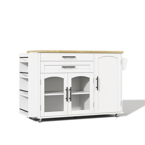 Îlot Central De Cuisine 120 X 45 (70) X 88.4 Cm, Plateau Rabattable, 2 Tiroirs, Mdf, Blanc+bois