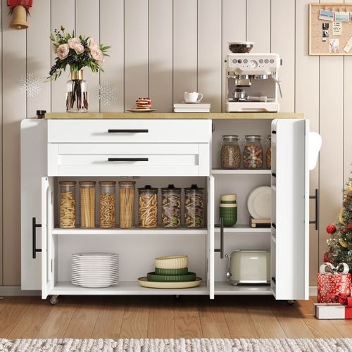 Îlot Central De Cuisine 120 X 45 (70) X 88.4 Cm, Plateau Rabattable, 2 Tiroirs, Mdf, Blanc+bois