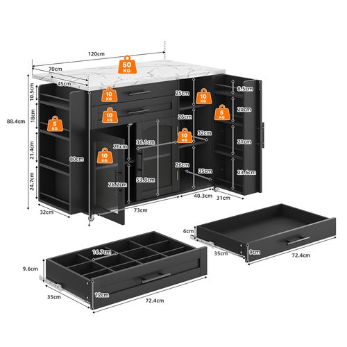 Îlot De Cuisine 120 X 45 (70) X 88.4 Cm, Plateau Rabattable, 3 Portes, Mdf, Couleur Noir + Blanc