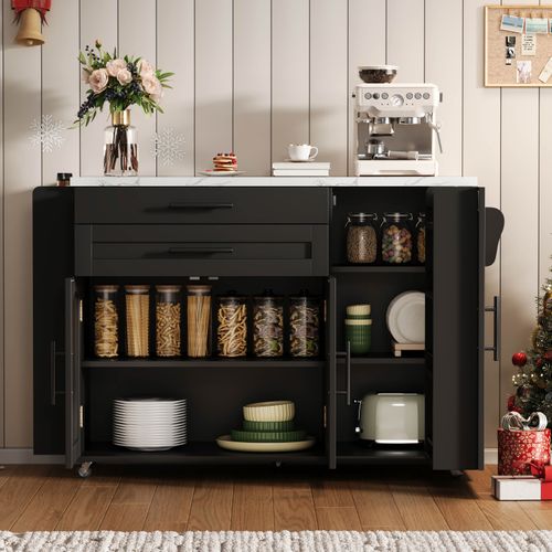 Îlot De Cuisine 120 X 45 (70) X 88.4 Cm, Plateau Rabattable, 3 Portes, Mdf, Couleur Noir + Blanc