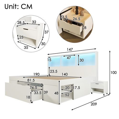 Lit Double 140x190 Cm, LED Et Ports USB C, 1 Tiroir, 7 Niches, 2 Chevets, Bois, Blanc