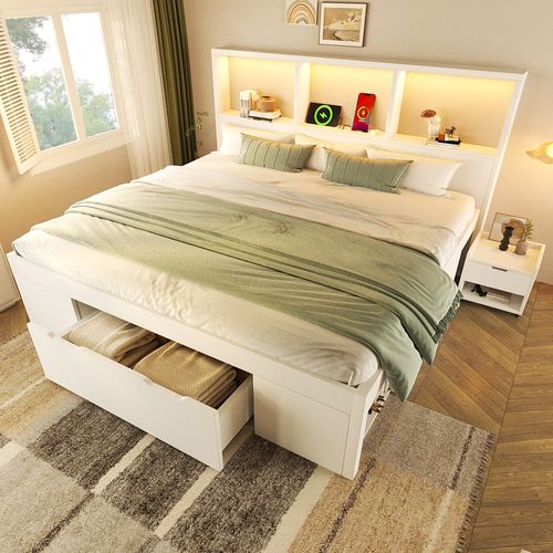 Lit Double 140x190 Cm, LED Et Ports USB C, 1 Tiroir, 7 Niches, 2 Chevets, Bois, Blanc