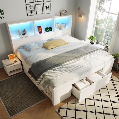 Lit Double 140x190 Cm, LED Et Ports USB C, 1 Tiroir, 7 Niches, 2 Chevets, Bois, Blanc