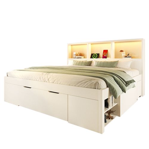 Lit Double 140x190 Cm, LED Et Ports USB C, 1 Tiroir, 7 Niches, 2 Chevets, Bois, Blanc