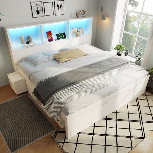 Lit Double 140x190 Cm, LED Et Ports USB C, 1 Tiroir, 7 Niches, 2 Chevets, Bois, Blanc