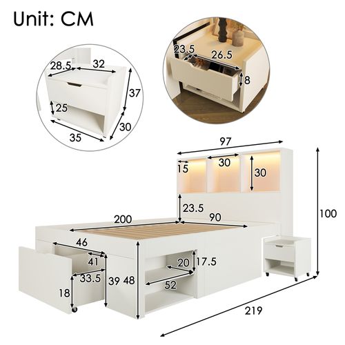 Lit Simple 90x200 Cm, LED Avec USB Et Type C, 1 Tiroir, 7 Niches, 2 Chevets, Bois, Blanc