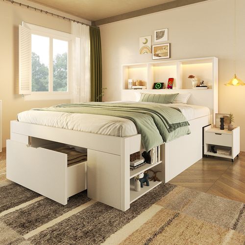 Lit Simple 90x200 Cm, LED Avec USB Et Type C, 1 Tiroir, 7 Niches, 2 Chevets, Bois, Blanc