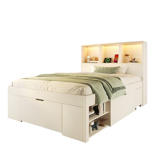 Lit Simple 90x200 Cm, LED Avec USB Et Type C, 1 Tiroir, 7 Niches, 2 Chevets, Bois, Blanc