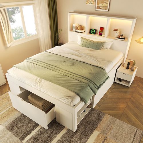 Lit Simple 90x200 Cm, LED Avec USB Et Type C, 1 Tiroir, 7 Niches, 2 Chevets, Bois, Blanc