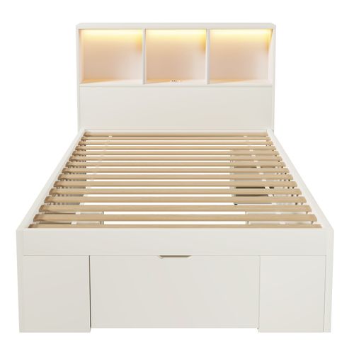 Lit Simple 90x200 Cm, LED Avec USB Et Type C, 1 Tiroir, 7 Niches, 2 Chevets, Bois, Blanc