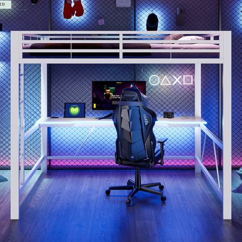 Lit Mezzanine 160x200 Cm, Bureau Et LED, Arrières De Sécurité, Métal Et Mdf, Couleur Blanc+bois